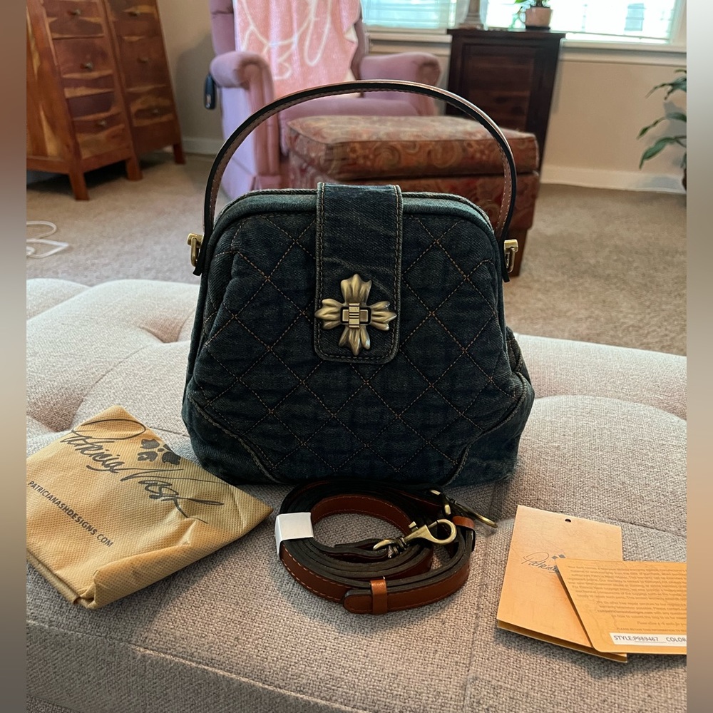 Patricia Nash Essex Denim Framed Top Handle Satchel with crossbody strap